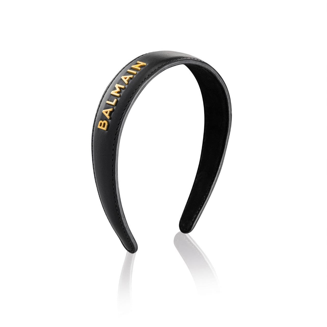 Balmain Black Leather Headband With Gold Plated Logo