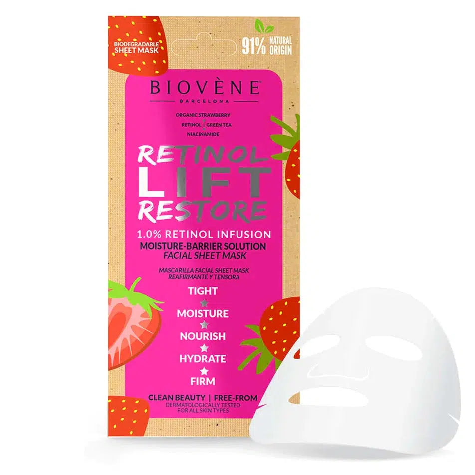 Biovéne Retinol Lift Restore Moisture-Barrier Organic Strawberry Biodegradable Sheet Mask